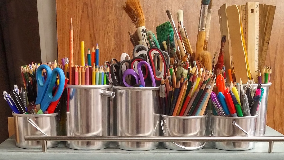 Pencils in stainless steel bucket