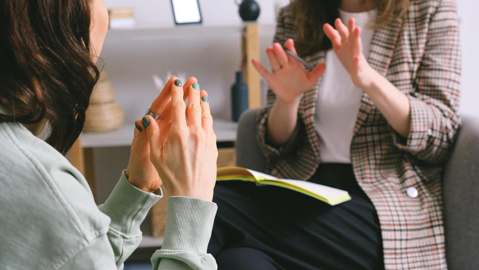 Two women engaged in a therapy session, communication and support in an office setting.